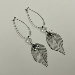 Silver Leaf Pendant Beaded Dangle Statement Earrings